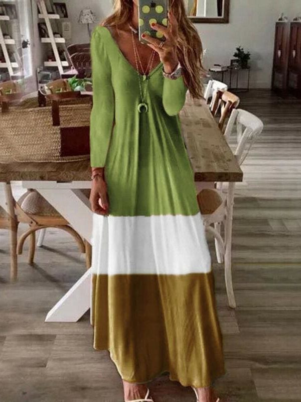 The Best 2019 New Summer Autumn Women Boho V-Neck Splice Long Party Maxi Dress Ladies Casual V neck Kaftan Beach Dress Sundress Online - Takalr