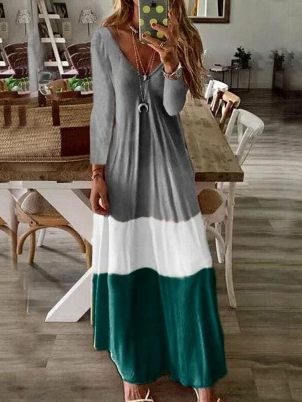 The Best 2019 New Summer Autumn Women Boho V-Neck Splice Long Party Maxi Dress Ladies Casual V neck Kaftan Beach Dress Sundress Online - Takalr