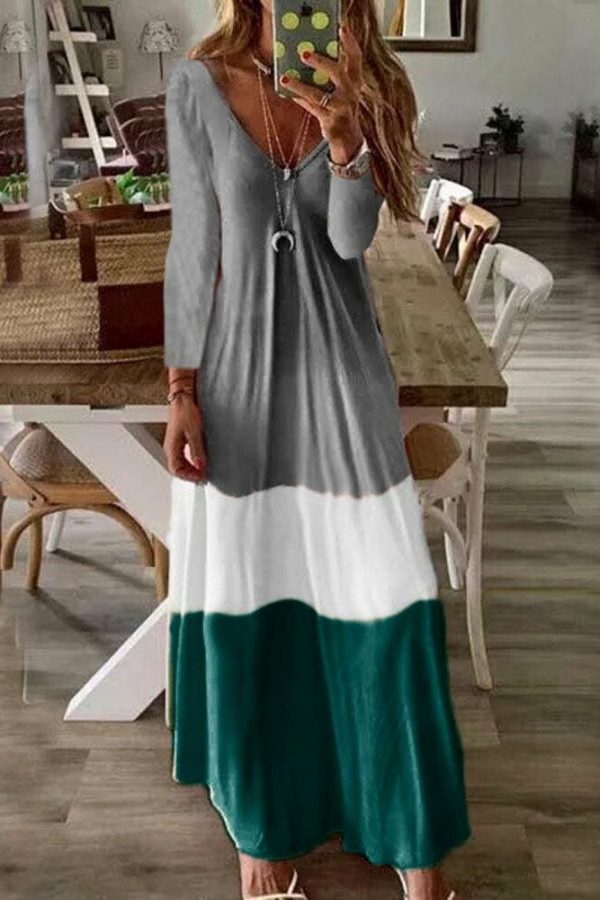 The Best 2019 New Summer Autumn Women Boho V-Neck Splice Long Party Maxi Dress Ladies Casual V neck Kaftan Beach Dress Sundress Online - Takalr