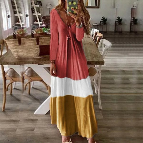 The Best 2019 New Summer Autumn Women Boho V-Neck Splice Long Party Maxi Dress Ladies Casual V neck Kaftan Beach Dress Sundress Online - Takalr