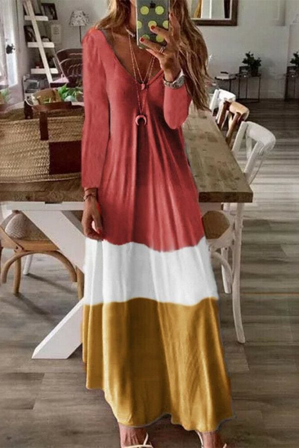 The Best 2019 New Summer Autumn Women Boho V-Neck Splice Long Party Maxi Dress Ladies Casual V neck Kaftan Beach Dress Sundress Online - Takalr