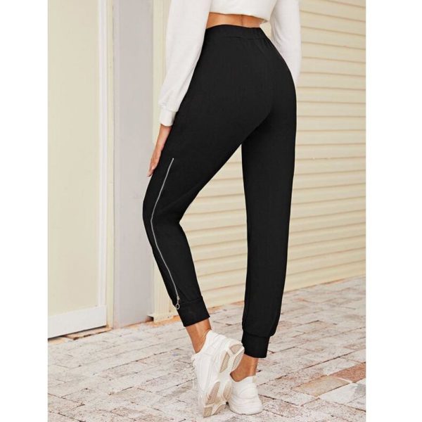 The Best 2019 New Women Black Zipper Hem Elastic Waist  Jogger Pants with Pocket Sports Gym Long Sweatpants Workout Trousers Online - Takalr