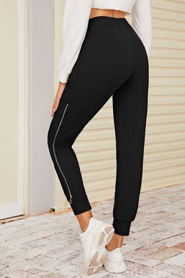 The Best 2019 New Women Black Zipper Hem Elastic Waist  Jogger Pants with Pocket Sports Gym Long Sweatpants Workout Trousers Online - Takalr