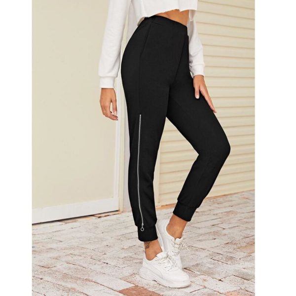 The Best 2019 New Women Black Zipper Hem Elastic Waist  Jogger Pants with Pocket Sports Gym Long Sweatpants Workout Trousers Online - Takalr