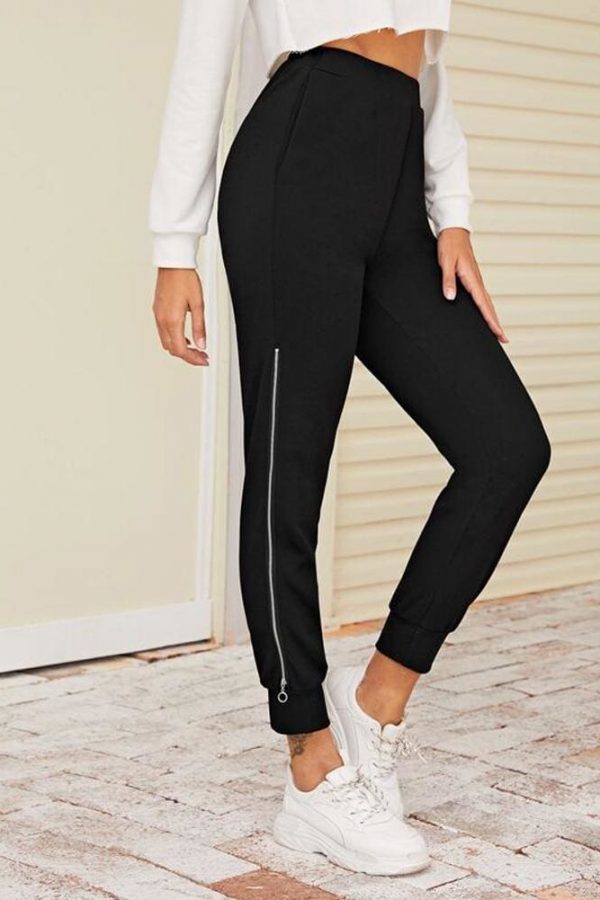 The Best 2019 New Women Black Zipper Hem Elastic Waist  Jogger Pants with Pocket Sports Gym Long Sweatpants Workout Trousers Online - Takalr