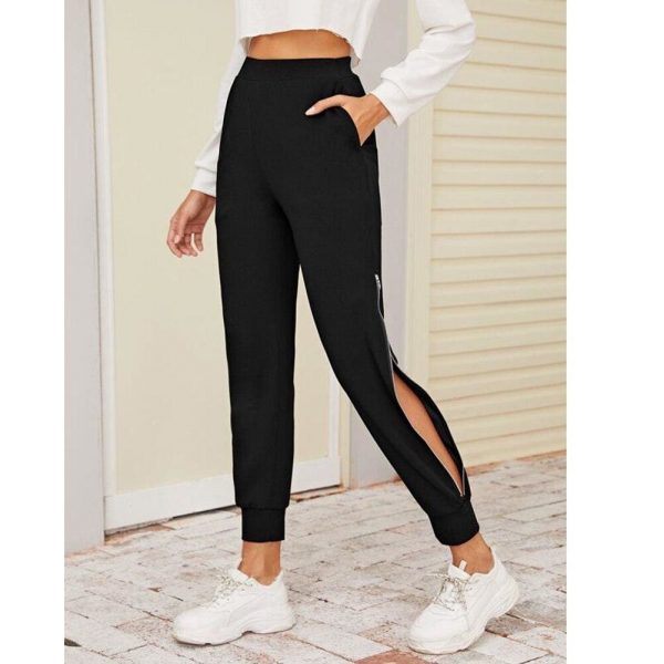 The Best 2019 New Women Black Zipper Hem Elastic Waist  Jogger Pants with Pocket Sports Gym Long Sweatpants Workout Trousers Online - Takalr