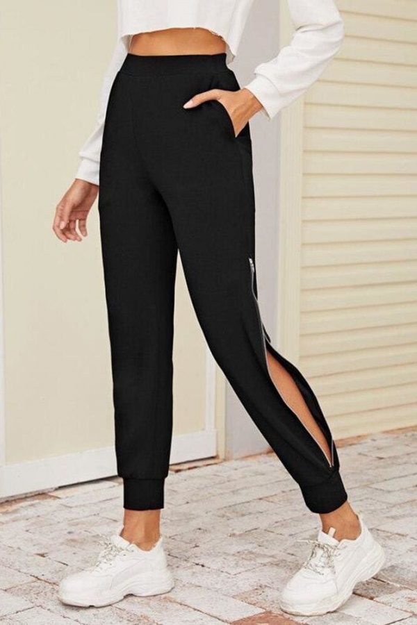 The Best 2019 New Women Black Zipper Hem Elastic Waist  Jogger Pants with Pocket Sports Gym Long Sweatpants Workout Trousers Online - Takalr