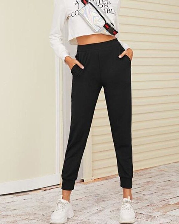 The Best 2019 New Women Black Zipper Hem Elastic Waist  Jogger Pants with Pocket Sports Gym Long Sweatpants Workout Trousers Online - Takalr