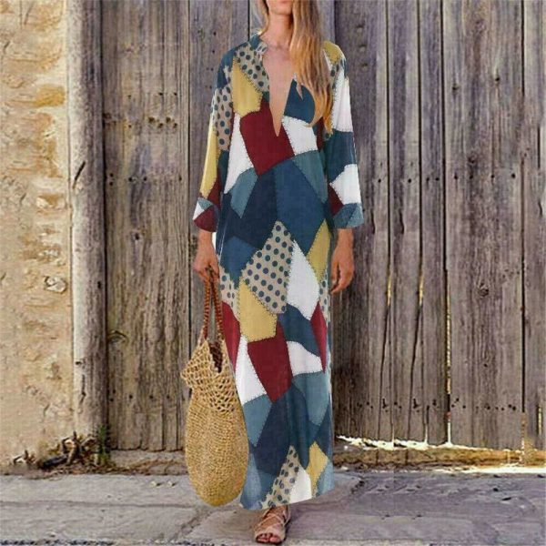 The Best 2019 New Women Boho Baggy Gypsy Kaftan Dress Holiday Loose Long Maxi Fashion Ladies V neck Beach Dress Sundress Online - Takalr