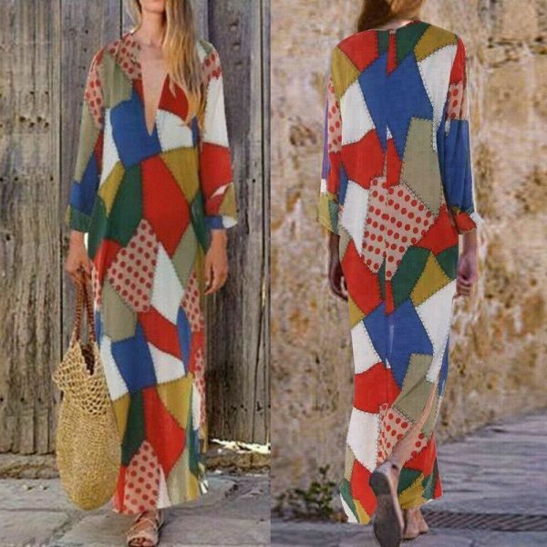 The Best 2019 New Women Boho Baggy Gypsy Kaftan Dress Holiday Loose Long Maxi Fashion Ladies V neck Beach Dress Sundress Online - Takalr