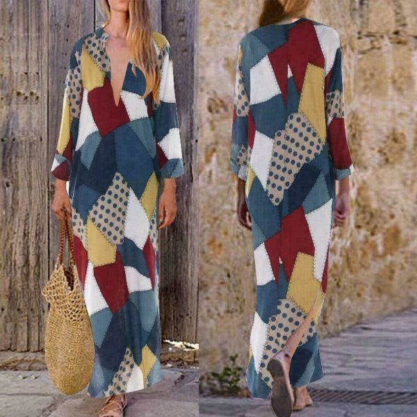 The Best 2019 New Women Boho Baggy Gypsy Kaftan Dress Holiday Loose Long Maxi Fashion Ladies V neck Beach Dress Sundress Online - Takalr