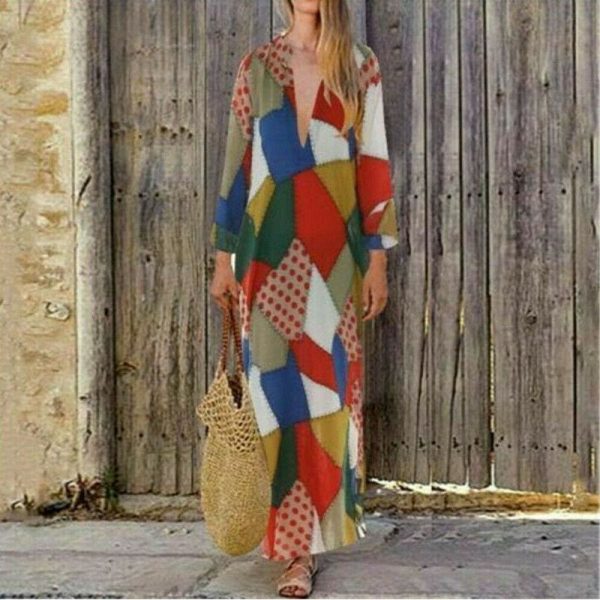 The Best 2019 New Women Boho Baggy Gypsy Kaftan Dress Holiday Loose Long Maxi Fashion Ladies V neck Beach Dress Sundress Online - Takalr