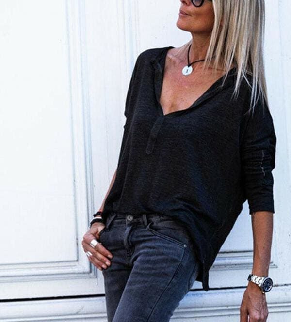 The Best 2019 New Women Cotton Button-down Collar V-neck Long Sleeve Casual Tee Shirt Autumn Loose Blouse Tops Streetwear Online - Takalr