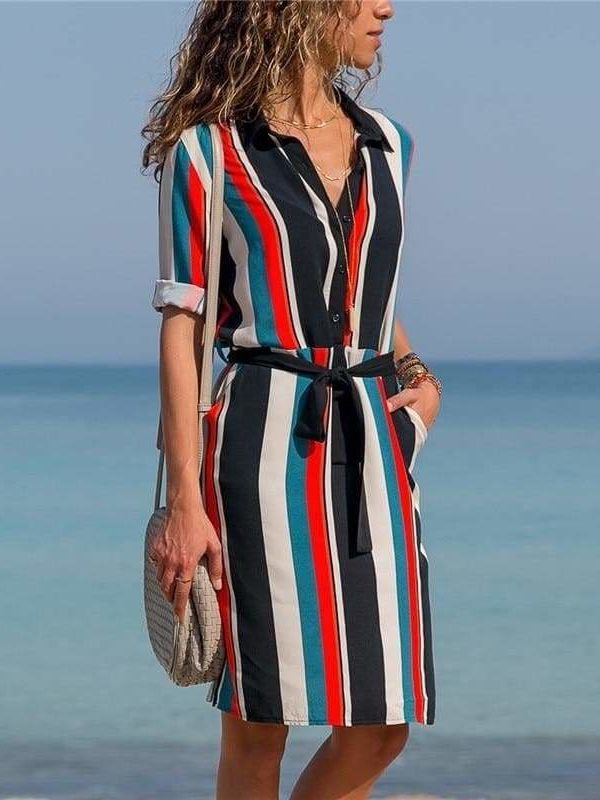 The Best Women Striped Print Lace Up Beach DressPlus Size Online - Source Silk