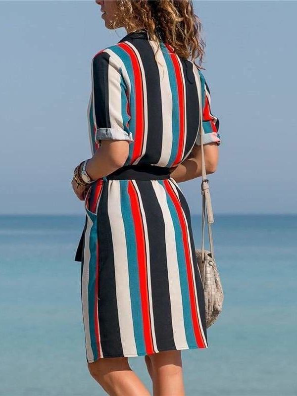 The Best Women Striped Print Lace Up Beach DressPlus Size Online - Source Silk