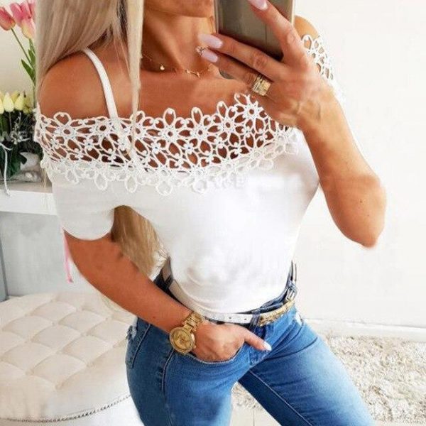 Fashion Sexy Off Shoulder Lace Hollow Out Short Sleeve Women Blouse Sexy Slash Neck Short Sleeve Women Tops and Shirt - Takalr