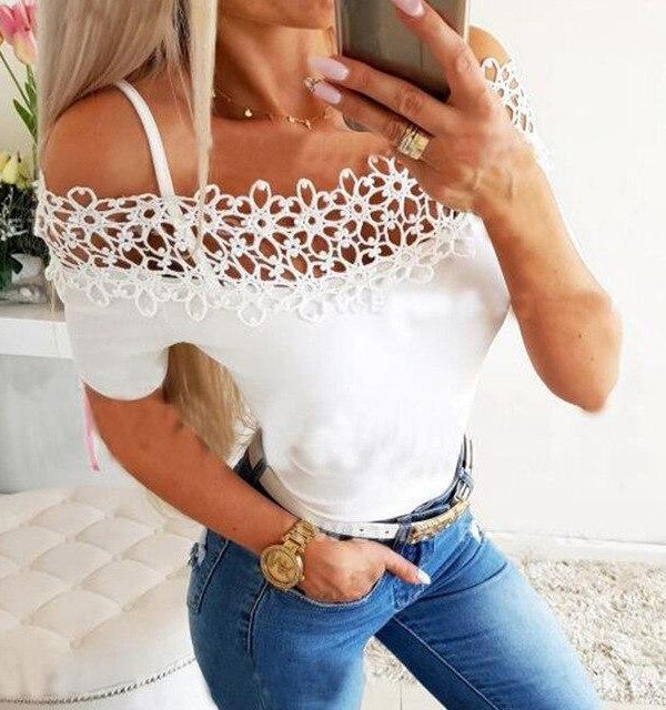 Fashion Sexy Off Shoulder Lace Hollow Out Short Sleeve Women Blouse Sexy Slash Neck Short Sleeve Women Tops and Shirt - Takalr