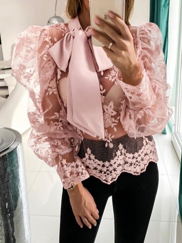 Floral Crochet Women Lace Tops Bow Tied Neck Puff Sleeve Top Sexy See Through Flower Chic Blouse Shirt Transparent Blusa - Takalr