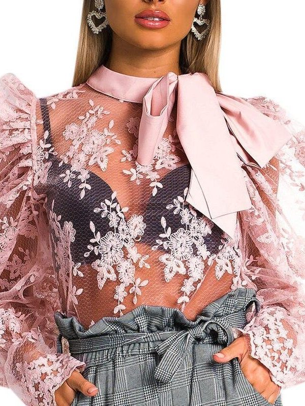 Floral Crochet Women Lace Tops Bow Tied Neck Puff Sleeve Top Sexy See Through Flower Chic Blouse Shirt Transparent Blusa - Takalr