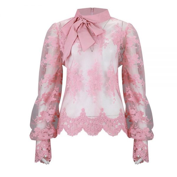 Floral Crochet Women Lace Tops Bow Tied Neck Puff Sleeve Top Sexy See Through Flower Chic Blouse Shirt Transparent Blusa - Takalr