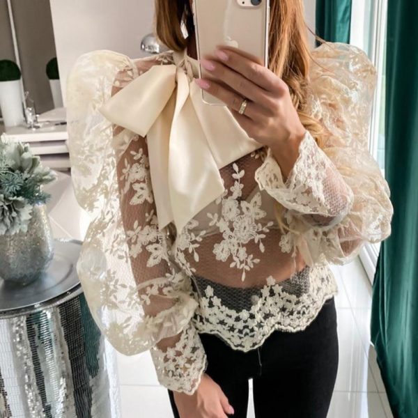 Floral Crochet Women Lace Tops Bow Tied Neck Puff Sleeve Top Sexy See Through Flower Chic Blouse Shirt Transparent Blusa - Takalr