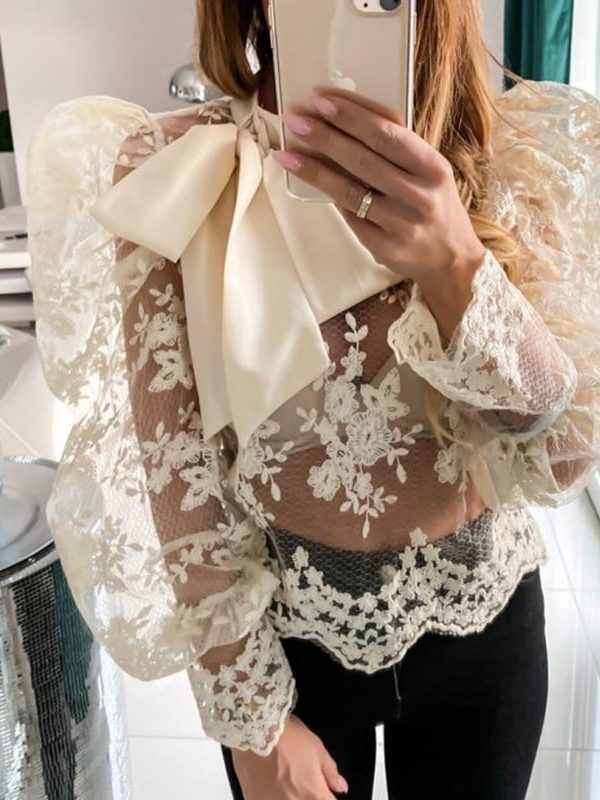 Floral Crochet Women Lace Tops Bow Tied Neck Puff Sleeve Top Sexy See Through Flower Chic Blouse Shirt Transparent Blusa - Takalr