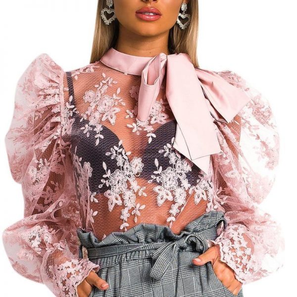 Floral Crochet Women Lace Tops Bow Tied Neck Puff Sleeve Top Sexy See Through Flower Chic Blouse Shirt Transparent Blusa - Takalr