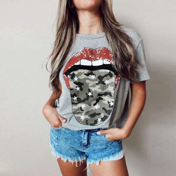 Funny Shirt Women Fashion Casual Tops and Shirt Casual Funny Camouflage Lips Pattern Round Neck Short Sleeve Women Blouse - Takalr