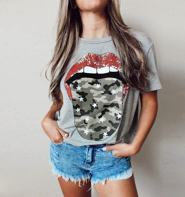 Funny Shirt Women Fashion Casual Tops and Shirt Casual Funny Camouflage Lips Pattern Round Neck Short Sleeve Women Blouse - Takalr