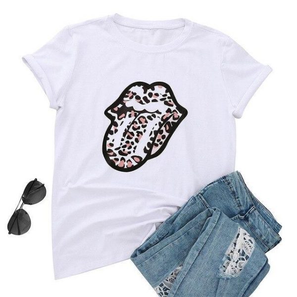 Funny Shirt Women Fashion Sexy Tops and Shirt Casual Funny Leopard Lips Pattern Round Neck Short Sleeve Women Blouse - Takalr