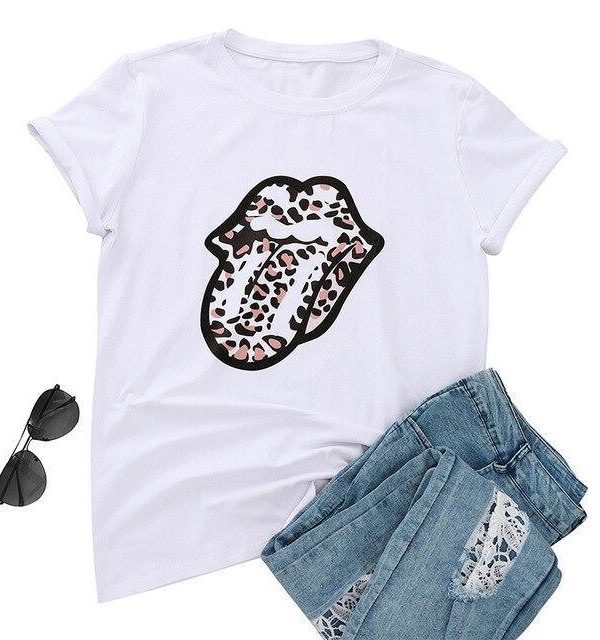 Funny Shirt Women Fashion Sexy Tops and Shirt Casual Funny Leopard Lips Pattern Round Neck Short Sleeve Women Blouse - Takalr