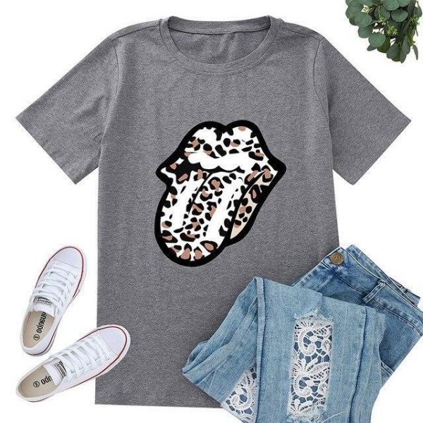 Funny Shirt Women Fashion Sexy Tops and Shirt Casual Funny Leopard Lips Pattern Round Neck Short Sleeve Women Blouse - Takalr