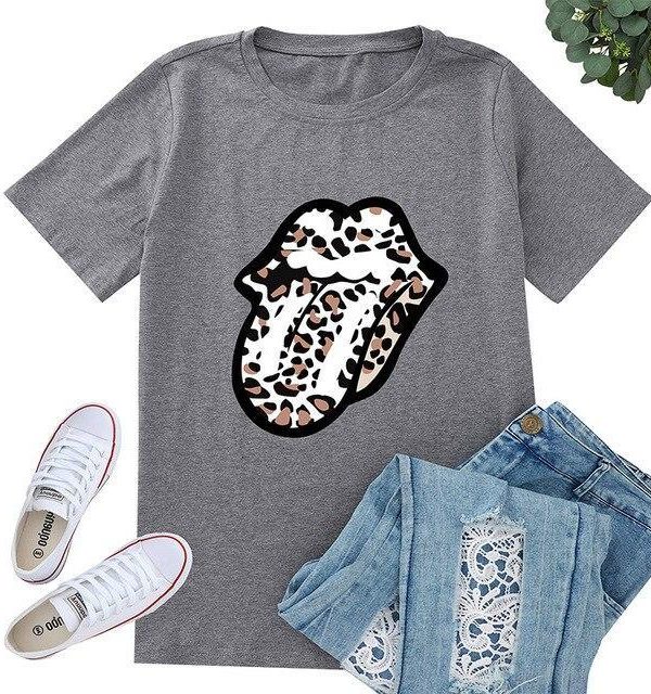 Funny Shirt Women Fashion Sexy Tops and Shirt Casual Funny Leopard Lips Pattern Round Neck Short Sleeve Women Blouse - Takalr