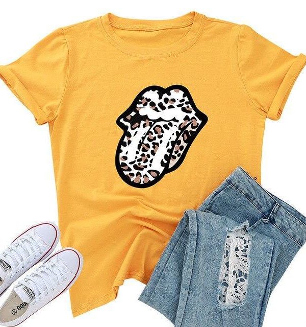 Funny Shirt Women Fashion Sexy Tops and Shirt Casual Funny Leopard Lips Pattern Round Neck Short Sleeve Women Blouse - Takalr