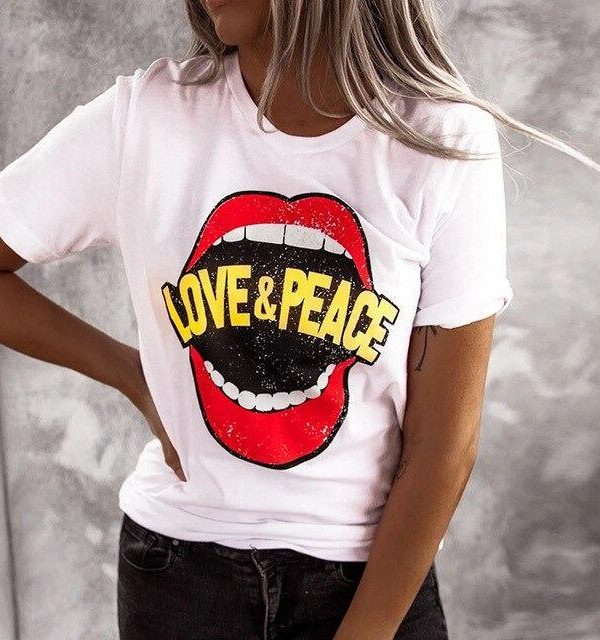 Funny Shirt Women Fashion Sexy Tops and Shirt Casual Funny Red Lips Letter Pattern Round Neck Short Sleeve Women Blouse - Takalr