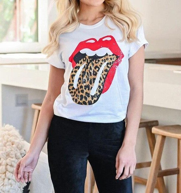 Funny Shirt Women Fashion Sexy Tops and Shirt Casual Funny Red Lips Pattern Round Neck Short Sleeve Women Blouse - Takalr