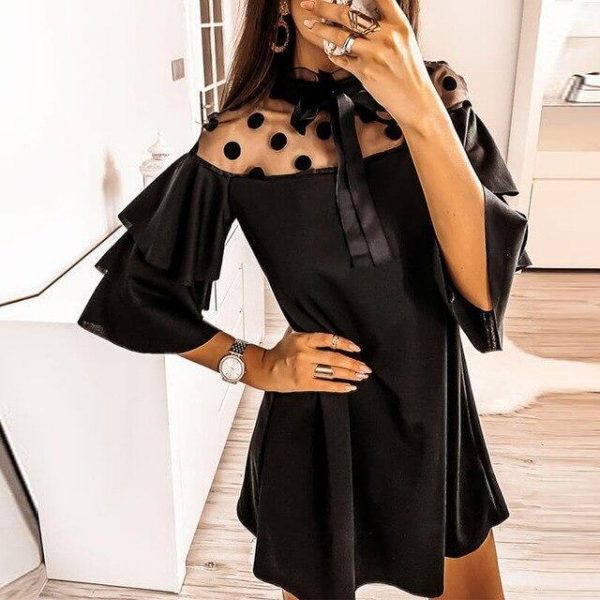 Sexy Mesh Polka Dot See Through Ruffled Turtleneck Butterfly Sleeve Women Dress Sexy Dress Women Party Night - Takalr