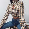 Sexy Tops and Shirt Fashion Sexy Turtleneck Plaid Printed Hollow Out Sexy Backless Bandage Long Sleeve Women Crop Tops - Takalr