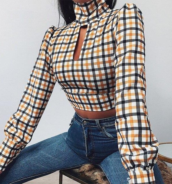 Sexy Tops and Shirt Fashion Sexy Turtleneck Plaid Printed Hollow Out Sexy Backless Bandage Long Sleeve Women Crop Tops - Takalr