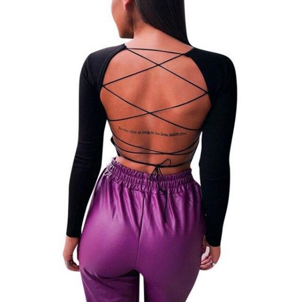 Sexy Tops and Shirt Long Sleeve Women Blouse Solid Color Long Sleeve Skinny Backless Bandage Women Crop Tops - Takalr