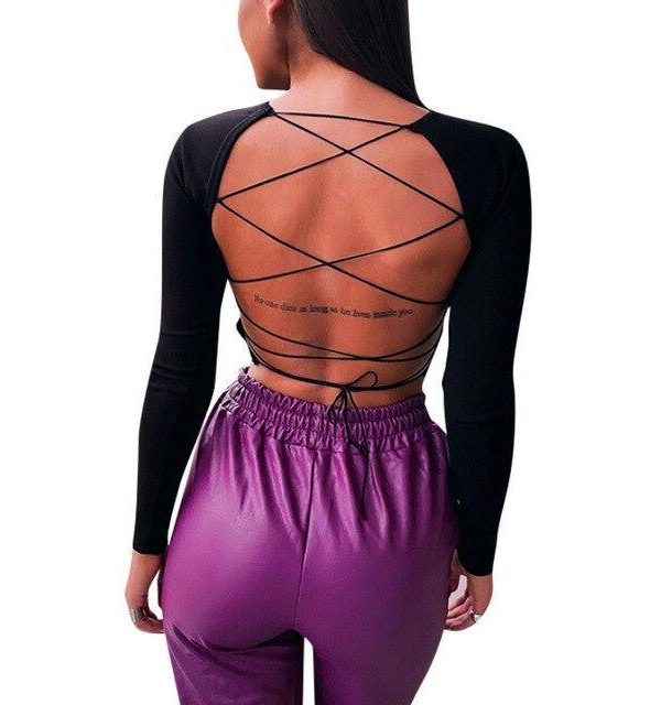 Sexy Tops and Shirt Long Sleeve Women Blouse Solid Color Long Sleeve Skinny Backless Bandage Women Crop Tops - Takalr