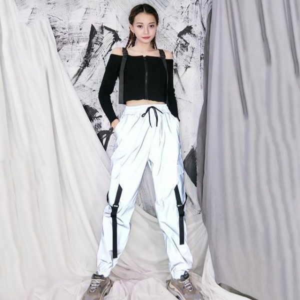 Spring Loose Reflective Cargo Pants Glowing Streetwear Ribbon Sweatpant Women Casual  Trousers Hip Hop Harajuku cargo pants - Takalr