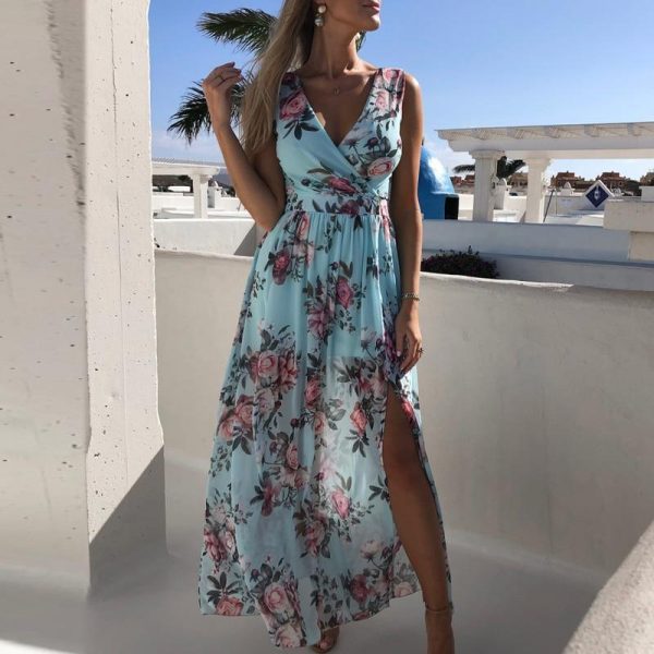 Summer Chiffon Dress Women Floral Print Sleeveless Long Maxi Dress V Neck Slit Beach Dresses Casual Boho Vestidos - Takalr