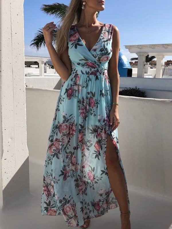 Summer Chiffon Dress Women Floral Print Sleeveless Long Maxi Dress V Neck Slit Beach Dresses Casual Boho Vestidos - Takalr