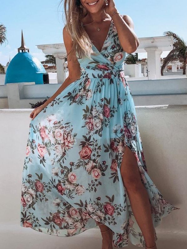 Summer Chiffon Dress Women Floral Print Sleeveless Long Maxi Dress V Neck Slit Beach Dresses Casual Boho Vestidos - Takalr