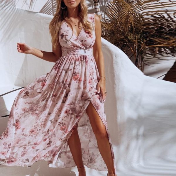 Summer Chiffon Dress Women Floral Print Sleeveless Long Maxi Dress V Neck Slit Beach Dresses Casual Boho Vestidos - Takalr