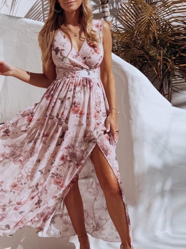 Summer Chiffon Dress Women Floral Print Sleeveless Long Maxi Dress V Neck Slit Beach Dresses Casual Boho Vestidos - Takalr