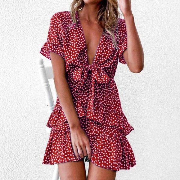 Summer Dress Fashion Sexy Low Cut Polka Dot Printed Bow Bandage Ruffled Shor Sleeve Women Dress  Sexy Dress Women - Takalr