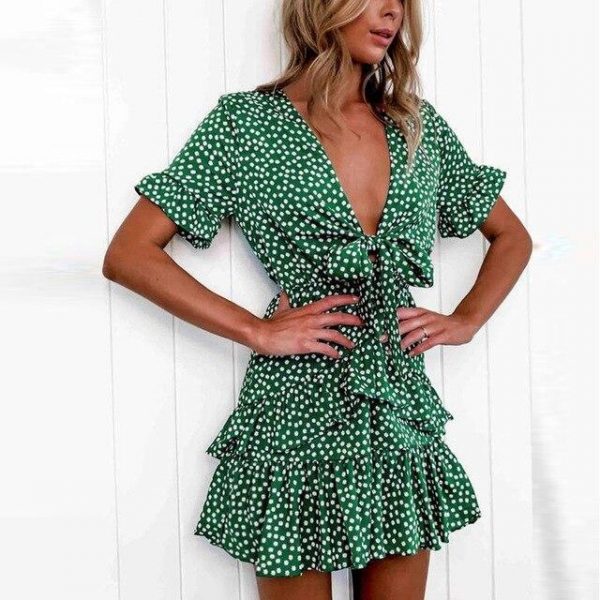 Summer Dress Fashion Sexy Low Cut Polka Dot Printed Bow Bandage Ruffled Shor Sleeve Women Dress  Sexy Dress Women - Takalr