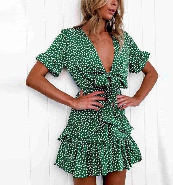 Summer Dress Fashion Sexy Low Cut Polka Dot Printed Bow Bandage Ruffled Shor Sleeve Women Dress  Sexy Dress Women - Takalr